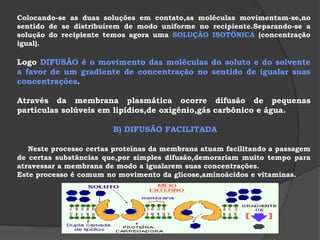 As moléculas desses lipídios possuem porções de afinidade pela água (parte hidrofílica) e porções com rejeição pela água (parte hidrofóbica).Assim quando estão completamente envoltas pela água essas moléculas dispõem-se naturalmente em DUAS CAMADAS:a parte hidrofílica fica,então,para fora e a parte hidrofóbica para dentro.As camadas de lipídios tendem a unir suas extremidades,formando compartimentos fechados.A formação de membranas com duas camadas de lipídios assim dispostas é um processo natural.Essas camadas são FLUIDAS,permitindo a movimentação de moléculas no plano da membrana.Proteínas da membrana:são GLOBULARES e podem atravessar as camadas de lipídios.São elas que conferem às membranas suas funções específicas.Dependendo da quantidade e do tipo da proteína,a membrana relaciona-se a uma determinada função.   