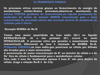 PROCESSOS ATIVOS:ocorrem com gasto de energia.Ex:bomba de sódio-potássio.