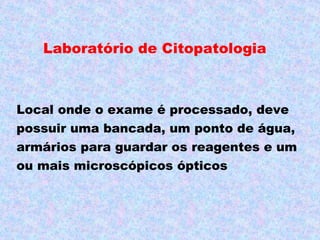 Laboratório de Citopatologia



Local onde o exame é processado, deve
possuir uma bancada, um ponto de água,
armários para guardar os reagentes e um
ou mais microscópicos ópticos
 