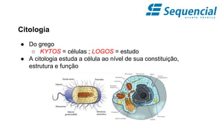 Citologia
● Do grego
○ KYTOS = células ; LOGOS = estudo
● A citologia estuda a célula ao nível de sua constituição,
estrutura e função
 