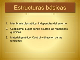 Estructuras básicas
1. Membrana plasmática: Independiza del entorno
2. Citoplasma: Lugar donde ocurren las reacciones
químicas
3. Material genético: Control y dirección de las
funciones
 