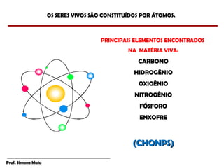 OS SERES VIVOS SÃO CONSTITUÍDOS POR ÁTOMOS.



                                      PRINCIPAIS ELEMENTOS ENCONTRADOS
                                               NA MATÉRIA VIVA:
                                                  CARBONO
                                                 HIDROGÊNIO
                                                  OXIGÊNIO
                                                 NITROGÊNIO
                                                  FÓSFORO
                                                  ENXOFRE



                                                (CHONPS)

Prof. Simone Maia
 