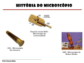 História do microscópio




                           Final do século XVII -
                              Microscópio de
                              Leeuwenhoek




      1591 - Microscópio
         dos Janssen
                                                    1665 - Microscópio de
                                                       Robert Hooke



Prof. Simone Maia
 