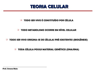 TEORIA CELULAR

                        TODO SER VIVO É CONSTITUÍDO POR CÉLULA


                     TODO METABOLISMO OCORRE EM NÍVEL CELULAR


      TODO SER VIVO ORIGINA-SE DE CÉLULAS PRÉ-EXISTENTES (BIOGÊNESE)


                   TODA CÉLULA POSSUI MATERIAL GENÉTICO (DNA/RNA)




Prof. Simone Maia
 