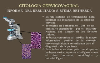 CITOLOGÍA CERVICOVAGINAL
INFORME DEL RESULTADO: SISTEMA BETHESDA
 Es un sistema de terminología para
informar los resultados de la citología
cervical.
Se originó en Bethesda en 1988, en un

seminario organizado por el Instituto
Estados
Nacional del
Unidos.
Cáncer de los
 Se busca comunicar al médico la mayor
citología
información posible de la
cervicovaginal para ser utilizada para el
diagnóstico de la paciente.
Este informe es descriptivo en el que se
incluyen varios aspectos citológicos como
el nivel hormonal, morfológico y
microbiológico.

 
