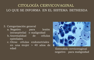 CITOLOGÍA CERVICOVAGINAL
LO QUE SE INFORMA EN EL SISTEMA BETHESDA
3. Categorización general
a. Negativo
intraepitelial
b.Anormalidad
epiteliales
para lesión
o malignidad
de células
c. Otros: células
mujer
endometriales
en una > 40 años de
edad Extendido cervicovaginal
negativo para malignidad
 