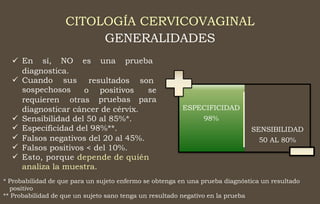 CITOLOGÍA CERVICOVAGINAL
GENERALIDADES
En sí, NO es una prueba

diagnostica.
Cuando sus
sospechosos
 resultados son
o positivos
pruebas
se
para
requieren otras
diagnosticar cáncer de cérvix.
Sensibilidad del 50 al 85%*.
Especificidad del 98%**.
Falsos negativos del 20 al 45%.
Falsos positivos < del 10%.
Esto, porque depende de quién
analiza la muestra.





* Probabilidad de que para un sujeto enfermo se obtenga en una prueba diagnóstica un resultado
positivo
** Probabilidad de que un sujeto sano tenga un resultado negativo en la prueba
ESPECIFICIDAD
98%
SENSIBILIDAD
50 AL 80%
 