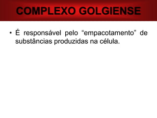 COMPLEXO GOLGIENSE
• É responsável pelo “empacotamento” de
substâncias produzidas na célula.
 
