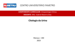 CENTRO UNIVERSITÁRIO FAMETRO
COMPONENTE CURRICULAR: Citopatologia Clínica
DOCENTE: MSc. Gabriel Bezerra Dias
Manaus – AM
2023
Citologia da Urina
 