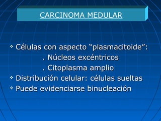  Células con aspecto “plasmacitoide”:Células con aspecto “plasmacitoide”:
. Núcleos excéntricos. Núcleos excéntricos
. Citoplasma amplio. Citoplasma amplio
 Distribución celular: células sueltasDistribución celular: células sueltas
 Puede evidenciarse binucleaciónPuede evidenciarse binucleación
CARCINOMA MEDULAR
 