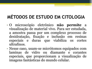 MÉTODOS DE ESTUDO EM CITOLOGIA
• O microscópio eletrônico não permite a
visualização de material vivo. Para ser estudada,
a amostra passa por um complexo processo de
desidratação, fixação e inclusão em resinas
especiais e duras que viabiliza os cortes
ultrafinos.
• Nesse caso, usam-se micrótomos equipados com
laminas de vidro ou diamante e corantes
especiais, que proporcionam a visualização de
imagens fantásticas do mundo celular.
 