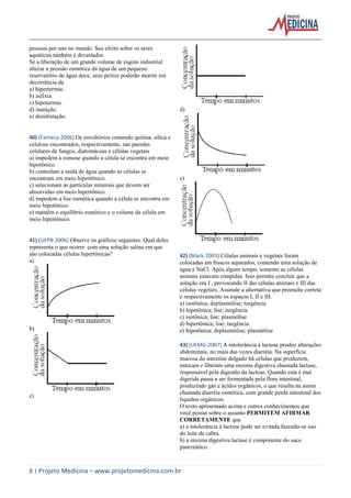 pessoas por ano no mundo. Seu efeito sobre os seres
aquáticos também é devastador.
Se a liberação de um grande volume de esgoto industrial
alterar a pressão osmótica da água de um pequeno
reservatório de água doce, seus peixes poderão morrer em
decorrência da
a) hipertermia.
b) asfixia.
c) hipotermia.
d) inanição.
e) desidratação.

40) (Fameca-2006) Os envoltórios contendo quitina, sílica e
celulose encontrados, respectivamente, nas paredes
celulares de fungos, diatomáceas e células vegetais
a) impedem a osmose quando a célula se encontra em meio
hipotônico.
b) controlam a saída de água quando as células se
encontram em meio hipertônico.
c) selecionam as partículas minerais que devem ser
absorvidas em meio hipertônico.
d) impedem a lise osmótica quando a célula se encontra em
meio hipotônico.
e) mantêm o equilíbrio osmótico e o volume da célula em
meio hipertônico.

41) (UEPB-2006) Observe os gráficos seguintes. Qual deles
representa o que ocorre com uma solução salina em que
são colocadas células hipertônicas?
a)

b)

c)

d)

e)

42) (Mack-2003) Células animais e vegetais foram
colocadas em frascos separados, contendo uma solução de
água e NaCl. Após algum tempo, somente as células
animais estavam rompidas. Isso permite concluir que a
solução era I , provocando II das células animais e III das
células vegetais. Assinale a alternativa que preenche correta
e respectivamente os espaços I, II e III.
a) isotônica; deplasmólise; turgência
b) hipotônica; lise; turgência
c) isotônica; lise; plasmólise
d) hipertônica; lise; turgência
e) hipotônica; deplasmólise; plasmólise
43) (UEMG-2007) A intolerância à lactose produz alterações
abdominais, no mais das vezes diarréia. Na superfície
mucosa do intestino delgado há células que produzem,
estocam e liberam uma enzima digestiva chamada lactase,
responsável pela digestão da lactose. Quando esta é mal
digerida passa a ser fermentada pela flora intestinal,
produzindo gás e ácidos orgânicos, o que resulta na assim
chamada diarréia osmótica, com grande perda intestinal dos
líquidos orgânicos.
O texto apresentado acima e outros conhecimentos que
você possui sobre o assunto PERMITEM AFIRMAR
CORRETAMENTE que
a) a intolerância à lactose pode ser evitada fazendo-se uso
do leite de cabra.
b) a enzima digestiva lactase é componente do suco
pancreático.

8 | Projeto Medicina – www.projetomedicina.com.br

 