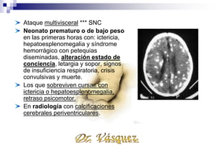 Defectos atribuibles a la enfermedad
congénita:
Cerebrales: microcefalia, ventrículos dilatados,, hidrocefalia,
sordera etc
Oculares: coriorretinitis, microfltalmia, cataratas, calcificaciones
retinianas, atrofia óptica, ceguera etc.
Cardiovasculares: defectos septales, auriculares o ventriculares,
estenosis mitral, tetralogía de fallot etc
Gastrointestinales: atresia de vías biliares, atresia esofágica,
megacolon, onfalocele etc
Genitourinarias: hipospadias etc
Hígado: hepatitis, con necrosis y fibrosis.
Pulmones: quistes, inmadurez , NEUMONIA etc
Otros: luxación de cadera, cretinismo, hernia inguinal, etc.
 