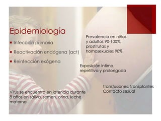 Epidemiología

Prevalencia en niños
y adultos 90-100%,
prostitutas y
homosexuales 90%

 Infección primaria
 Reactivación endógena (act)
 Reinfección exógena

Exposición intima,
repetitiva y prolongada

Virus se encuentra en latencia durante
8 años en sáliva, semen, orina, leche
materna

Transfusiones, transplantes
Contacto sexual

 