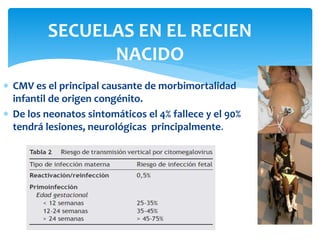  CMV es el principal causante de morbimortalidad
infantil de origen congénito.
 De los neonatos sintomáticos el 4% fallece y el 90%
tendrá lesiones, neurológicas principalmente.
SECUELAS EN EL RECIEN
NACIDO
 
