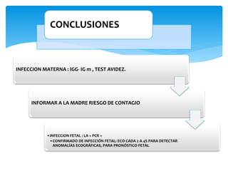 CONCLUSIONES
INFECCION MATERNA : IGG- IG m , TEST AVIDEZ.
INFORMAR A LA MADRE RIESGO DE CONTAGIO
•INFECCION FETAL : LA + PCR +
•CONFIRMADO DE INFECCIÓN FETAL: ECO CADA 2 A 4S PARA DETECTAR
ANOMALÍAS ECOGRÁFICAS, PARA PRONÓSTICO FETAL
 