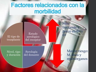 Factores relacionados con la
morbilidad
Estado
serológico
del receptor
Serología
del donante
Nivel, tipo
y duración
El tipo de
trasplante
Más
frecuente y
grave en 0+ y
0+
Mayor riesgo:
M. ósea y
multiórganos
 