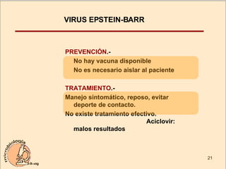 VIRUS EPSTEIN-BARR PREVENCIÓN .- No hay vacuna disponible No es necesario aislar al paciente TRATAMIENTO .-  Manejo sintomático, reposo, evitar deporte de contacto. No existe tratamiento efectivo.  Aciclovir: malos resultados 
