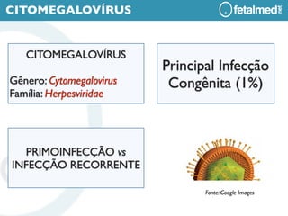 CITOMEGALOVÍRUS


   CITOMEGALOVÍRUS
                          Principal Infecção
Gênero: Cytomegalovirus    Congênita (1%)
Família: Herpesviridae




   PRIMOINFECÇÃO vs
INFECÇÃO RECORRENTE

                                 Fonte: Google Images
 