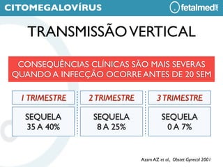 CITOMEGALOVÍRUS

    TRANSMISSÃO VERTICAL

  CONSEQUÊNCIAS CLÍNICAS SÃO MAIS SEVERAS
 QUANDO A INFECÇÃO OCORRE ANTES DE 20 SEM

  1 TRIMESTRE   2 TRIMESTRE          3 TRIMESTRE

   SEQUELA       SEQUELA                SEQUELA
   35 A 40%       8 A 25%                0 A 7%


                              Azam AZ et al., Obstet Gynecol 2001
 