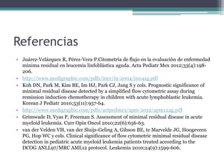 Referencias
• Juárez-Velázquez R, Pérez-Vera P.Citometría de flujo en la evaluación de enfermedad
mínima residual en leucemia linfoblástica aguda. Acta Pediatr Mex 2012;33(4):198-
206.
• http://www.medigraphic.com/pdfs/iner/in-2004/in041g.pdf
• Koh DN, Park M, Kim BE, Im HJ, Park CJ, Jang S y cols. Prognostic significance of
minimal residual disease detected by a simplified flow cytometric assay during
remission induction chemotherapy in children with acute lymphoblastic leukemia.
Korean J Pediatr 2010;53(11):957-64.
• http://www.medigraphic.com/pdfs/actpedmex/apm-2012/apm124g.pdf
• Grimwade D, Vyas P, Freeman S. Assessment of minimal residual disease in acute
myeloid leukemia. Curr Opin Oncol 2010;22(6):656-63.
• van der Velden VH, van der Sluijs-Geling A, Gibson BE, te Marvelde JG, Hoogeveen
PG, Hop WC y cols. Clinical significance of flow cytometric minimal residual disease
detection in pediatric acute myeloid leukemia patients treated according to the
DCOG ANLL97/MRC AML12 protocol. Leukemia 2010;24(9):1599-606.
 