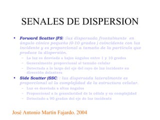 SENALES DE DISPERSION Forward Scatter (FS ) :luz dispersada frontalmente  en ángulo cónico pequeño (0-10 grados ) coincidente con luz incidente y es proporcional a tamaño de la partícula que produce la dispersión.   La luz es desviada a bajos ángulos entre 1 y 10 grados   Generalmente proporcional al tamaño celular   Detectada a lo largo del eje del rayo de luz incidente en dirección delantera   Side Scatter (SSC ) : luz dispersada lateralmente es proporcional al la complejidad de la estructura celular.   Luz es desviada a altos ángulos   Proporcional a la granularidad de la célula y su complejidad   Detectado a 90 grados del eje de luz incidente José Antonio Martìn Fajardo. 2004 