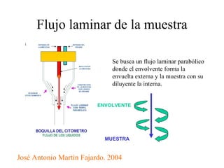 Flujo laminar de la muestra Se busca un flujo laminar parabólico donde el envolvente forma la envuelta externa y la muestra con su diluyente la interna. ENVOLVENTE MUESTRA José Antonio Martìn Fajardo. 2004 