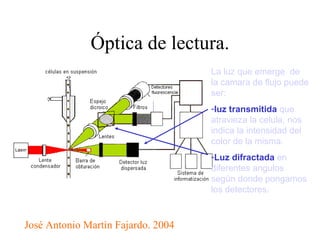 Óptica de lectura. La luz que emerge  de la camara de flujo puede ser: luz transmitida  que atravieza la celula, nos indica la intensidad del color de la misma. Luz difractada  en diferentes angulos según donde pongamos los detectores. José Antonio Martìn Fajardo. 2004 