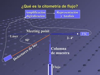 ¿Qué es la citometría de flujo? FSC 90º 2- 4º Columna  de muestra Meeting point Láser Detectores de luz Amplificación digitalización Representación y Analisis  Flujo 