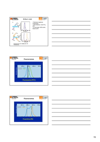 Brilliant violet
• Polímeros orgánicos
conductores
• Ultra brillantes. Entre PE y
APC.
• Un solo láser (405) excita
todos los BV

Cytometry Part A 81A: 456466, 2012 PK
Chattopadhyay

Fluorocromos

Intensidad relativa

400 nm

500 nm

600 nm

700 nm

Excitation
Emission

Fluoresceina (FITC)

Fluorocromos

Intensidad relativa

400 nm

500 nm

600 nm

700 nm

Excitation
Emission

Ficoeritrina (PE)

15

 