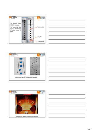 • Se generan hasta
100.000 cels/seg.
• Lo ideal es que
haya un máximo de
1 célula cada 3
gotas

Gota satélite

Amplitud

Frecuencia

Separación de dos poblaciones celulares

Separación de dos poblaciones celulares

68

 