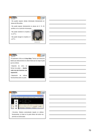 • Se pueden separar células individuales directamente en
placas de 96 pocillos.
• Se puede separar directamente en placas de 6, 12, 24
pocillos o en un porta de microscopia.
• Se puede mantener la muestra a
4 o 37º C.
• Se puede recoger la muestra a 4
o 37º C.

• El parámetro crítico es el drop delay: Tiempo que transcurre
desde que seleccionamos la célula hasta que se carga la gota
que la contiene.
• Depende

de

cómo

se

forman las gotas → Ajustar
cada vez que hacemos una
separación.
• Separación

de

esferas

fluorescentes sobre un porta

• Accudrop. Sistema automatizado basado en esferas
fluorescentes. Un láser en la parte inferior del sorter nos
permite ver donde están.

70

 
