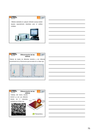 • Método realizable en cualquier citómetro aunque existen
equipos

especialmente

diseñados

para

el

análisis

multiplex.

Diferenciación de las
esferas
• Mezcla de beads de diferentes tamaños y con diferente
concentración de un fluorocromo que se excita con un láser rojo.

Diferenciación de las
esferas
• Esferas del mismo tamaño
(5,6-6,5 µ) con una diferente
mezcla

de

2

colorantes

excitados por el láser rojo

75

 