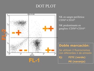 DOT PLOT
+
+--
++-
-
FL-1
FL-2
Doble marcación:
Se utilizan 2 fluorocromos
con diferentes λ de emisión
Ej: FITC (verde)
PE (naranja)
NK en sangre periferica:
CD56lo-CD16hi
NK predominante en
ganglios: CD56hi-CD16lo
 