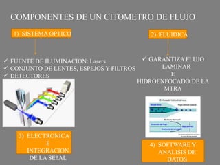 1) SISTEMA OPTICO
3) ELECTRONICA
E
INTEGRACION
DE LA SEñAL
 FUENTE DE ILUMINACION: Lasers
 CONJUNTO DE LENTES, ESPEJOS Y FILTROS
 DETECTORES
2) FLUIDICA
 GARANTIZA FLUJO
LAMINAR
E
HIDROENFOCADO DE LA
MTRA
4) SOFTWARE Y
ANALISIS DE
DATOS
COMPONENTES DE UN CITOMETRO DE FLUJO
 
