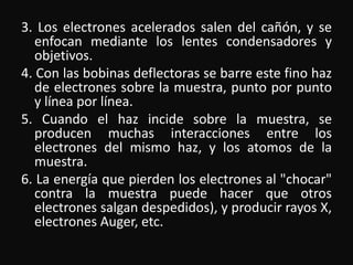 3. Los electrones acelerados salen del cañón, y se 
enfocan mediante los lentes condensadores y 
objetivos. 
4. Con las bobinas deflectoras se barre este fino haz 
de electrones sobre la muestra, punto por punto 
y línea por línea. 
5. Cuando el haz incide sobre la muestra, se 
producen muchas interacciones entre los 
electrones del mismo haz, y los atomos de la 
muestra. 
6. La energía que pierden los electrones al "chocar" 
contra la muestra puede hacer que otros 
electrones salgan despedidos), y producir rayos X, 
electrones Auger, etc. 
 