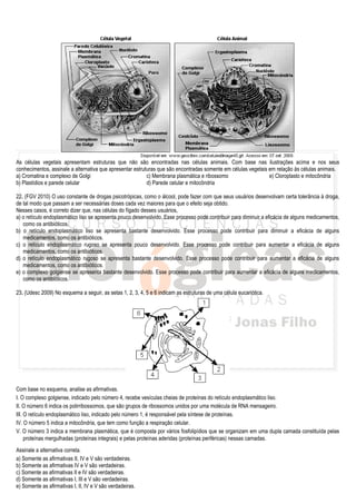 As células vegetais apresentam estruturas que não são encontradas nas células animais. Com base nas ilustrações acima e nos seus
conhecimentos, assinale a alternativa que apresentar estruturas que são encontradas somente em células vegetais em relação às células animais.
a) Cromatina e complexo de Golgi                           c) Membrana plasmática e ribossomo                   e) Cloroplasto e mitocôndria
b) Plastídios e parede celular                             d) Parede celular e mitocôndria

22. (FGV 2010) O uso constante de drogas psicotrópicas, como o álcool, pode fazer com que seus usuários desenvolvam certa tolerância à droga,
de tal modo que passam a ser necessárias doses cada vez maiores para que o efeito seja obtido.
Nesses casos, é correto dizer que, nas células do fígado desses usuários,
a) o retículo endoplasmático liso se apresenta pouco desenvolvido. Esse processo pode contribuir para diminuir a eficácia de alguns medicamentos,
   como os antibióticos.
b) o retículo endoplasmático liso se apresenta bastante desenvolvido. Esse processo pode contribuir para diminuir a eficácia de alguns
   medicamentos, como os antibióticos.
c) o retículo endoplasmático rugoso se apresenta pouco desenvolvido. Esse processo pode contribuir para aumentar a eficácia de alguns
   medicamentos, como os antibióticos.
d) o retículo endoplasmático rugoso se apresenta bastante desenvolvido. Esse processo pode contribuir para aumentar a eficácia de alguns
   medicamentos, como os antibióticos.
e) o complexo golgiense se apresenta bastante desenvolvido. Esse processo pode contribuir para aumentar a eficácia de alguns medicamentos,
   como os antibióticos.

23. (Udesc 2009) No esquema a seguir, as setas 1, 2, 3, 4, 5 e 6 indicam as estruturas de uma célula eucariótica.




Com base no esquema, analise as afirmativas.
I. O complexo golgiense, indicado pelo número 4, recebe vesículas cheias de proteínas do retículo endoplasmático liso.
II. O número 6 indica os polirribossomos, que são grupos de ribossomos unidos por uma molécula de RNA mensageiro.
III. O retículo endoplasmático liso, indicado pelo número 1, é responsável pela síntese de proteínas.
IV. O número 5 indica a mitocôndria, que tem como função a respiração celular.
V. O número 3 indica a membrana plasmática, que é composta por vários fosfolipídios que se organizam em uma dupla camada constituída pelas
     proteínas mergulhadas (proteínas integrais) e pelas proteínas aderidas (proteínas periféricas) nessas camadas.
Assinale a alternativa correta.
a) Somente as afirmativas II, IV e V são verdadeiras.
b) Somente as afirmativas IV e V são verdadeiras.
c) Somente as afirmativas II e IV são verdadeiras.
d) Somente as afirmativas I, III e V são verdadeiras.
e) Somente as afirmativas I, II, IV e V são verdadeiras.
 