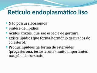 Reticulo endoplasmático liso
 Não possui ribossomos
 Síntese de lipídios
 Ácidos graxos, que são espécie de gordura.
 Existe lipídios que forma hormônio derivados do
colesterol.
 Produz lipídeos na forma de esteroides
(progesterona, testosterona) muito importantes
nas gônadas sexuais.
 