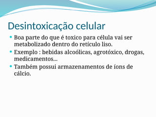 Desintoxicação celular
 Boa parte do que é toxico para célula vai ser
metabolizado dentro do retículo liso.
 Exemplo : bebidas alcoólicas, agrotóxico, drogas,
medicamentos...
 Também possui armazenamentos de íons de
cálcio.
 