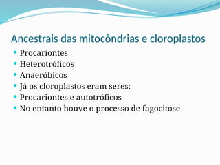 Ancestrais das mitocôndrias e cloroplastos
 Procariontes
 Heterotróficos
 Anaeróbicos
 Já os cloroplastos eram seres:
 Procariontes e autotróficos
 No entanto houve o processo de fagocitose
 