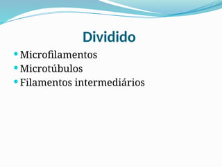 Dividido
 Microfilamentos
 Microtúbulos
 Filamentos intermediários
 