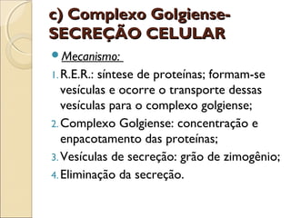 c) Complexo Golgiense-
SECREÇÃO CELULAR
Mecanismo:
1. R.E.R.:síntese de proteínas; formam-se
   vesículas e ocorre o transporte dessas
   vesículas para o complexo golgiense;
2. Complexo Golgiense: concentração e
   enpacotamento das proteínas;
3. Vesículas de secreção: grão de zimogênio;
4. Eliminação da secreção.
 