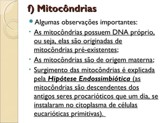 f) Mitocôndrias
Algumas    observações importantes:
• As mitocôndrias possuem DNA próprio,
  ou seja, elas são originadas de
  mitocôndrias pré-existentes;
• As mitocôndrias são de origem materna;
• Surgimento das mitocôndrias é explicada
  pela Hipótese Endossimbiótica (as
  mitocôndrias são descendentes dos
  antigos seres procarióticos que um dia, se
  instalaram no citoplasma de células
  eucarióticas primitivas).
 