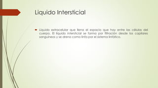 Liquido Intersticial
 Líquido extracelular que llena el espacio que hay entre las células del
cuerpo. El líquido intersticial se forma por filtración desde los capilares
sanguíneos y se drena como linfa por el sistema linfático.
 