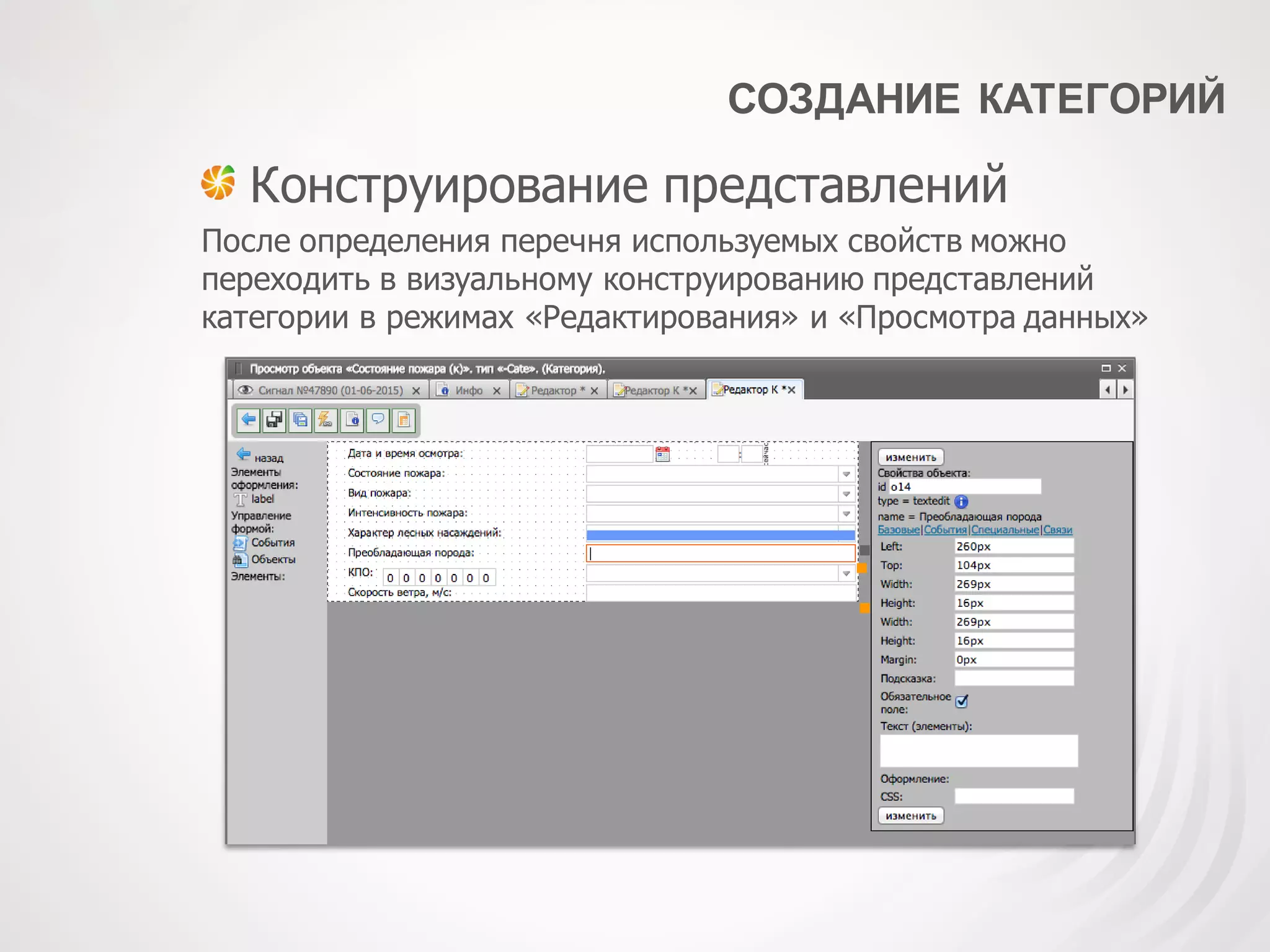 СОЗДАНИЕ КАТЕГОРИЙ
Конструирование представлений
После определения перечня используемых свойств можно
переходить в визуальному конструированию представлений
категории в режимах «Редактирования» и «Просмотра данных»
 