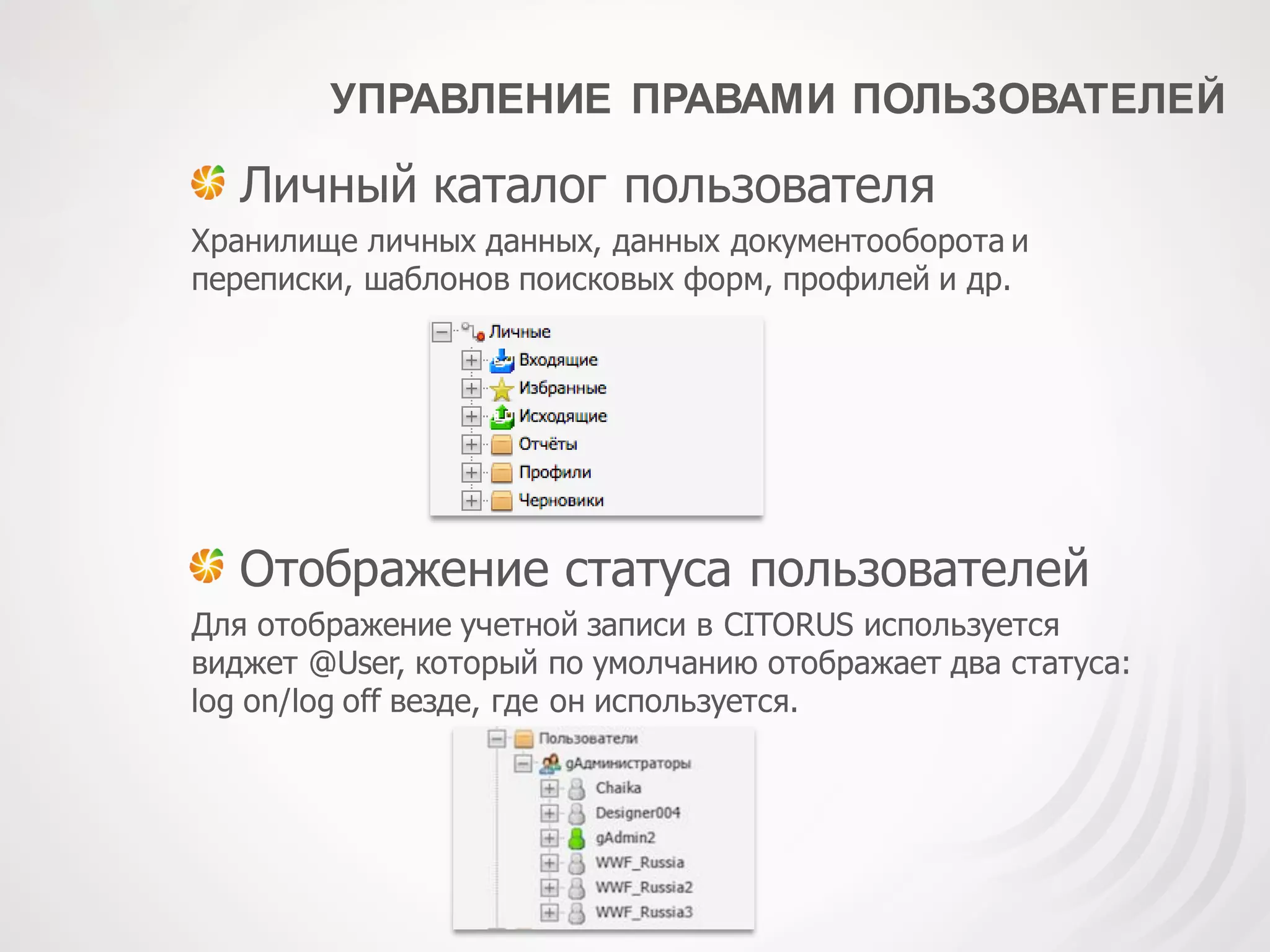 УПРАВЛЕНИЕ ПРАВАМИ ПОЛЬЗОВАТЕЛЕЙ
Личный каталог пользователя
Хранилище личных данных, данных документооборота и
переписки, шаблонов поисковых форм, профилей и др.
Отображение статуса пользователей
Для отображение учетной записи в CITORUS используется
виджет @User, который по умолчанию отображает два статуса:
log on/log off везде, где он используется.
 