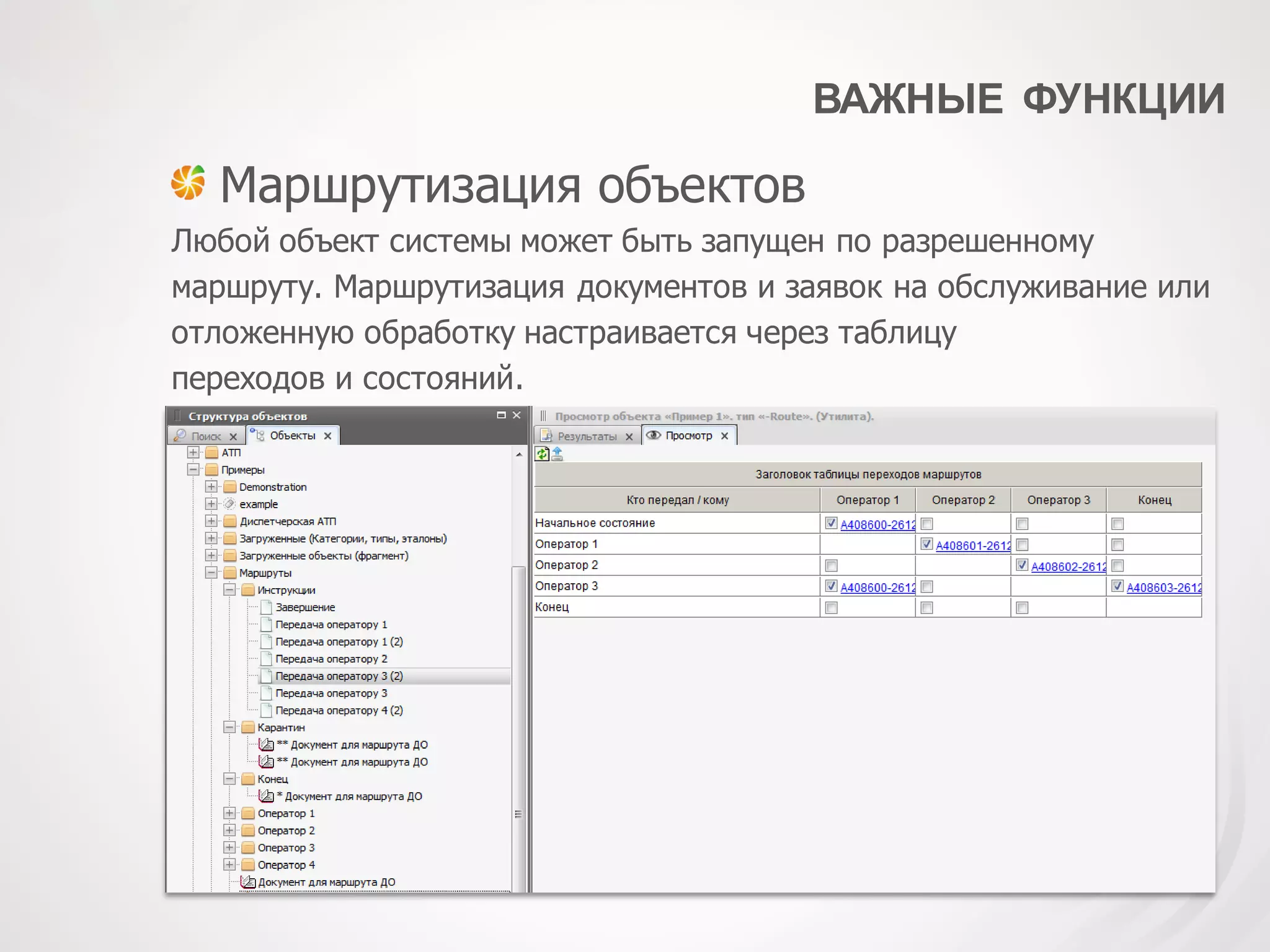 ВАЖНЫЕ ФУНКЦИИ
Маршрутизация объектов
Любой объект системы может быть запущен по разрешенному
маршруту. Маршрутизация документов и заявок на обслуживание или
отложенную обработку настраивается через таблицу
переходов и состояний.
 