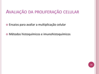 AVALIAÇÃO DA PROLIFERAÇÃO CELULAR
 Ensaios para avaliar a multiplicação celular
 Métodos histoquímicos e imunohistoquímicos
15
 