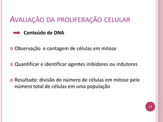 AVALIAÇÃO DA PROLIFERAÇÃO CELULAR
Conteúdo de DNA
 Observação e contagem de células em mitose
 Quantificar e identificar agentes inibidores ou indutores
 Resultado: divisão do número de células em mitose pelo
número total de células em uma população
17
 