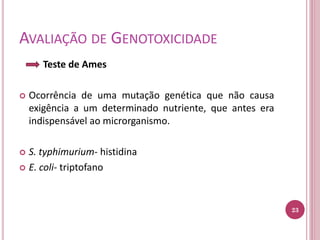 AVALIAÇÃO DE GENOTOXICIDADE
Teste de Ames
 Ocorrência de uma mutação genética que não causa
exigência a um determinado nutriente, que antes era
indispensável ao microrganismo.
 S. typhimurium- histidina
 E. coli- triptofano
23
 